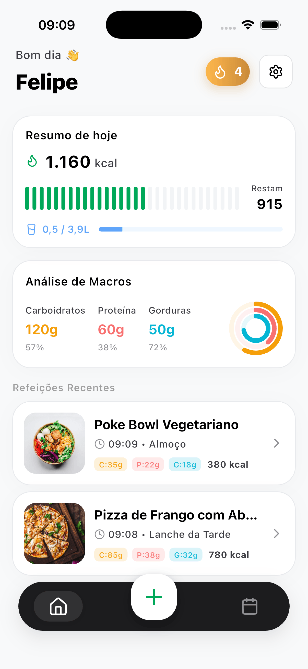 Tela principal do Olho no Prato mostrando calorias do dia, análise de macros e refeições recentes